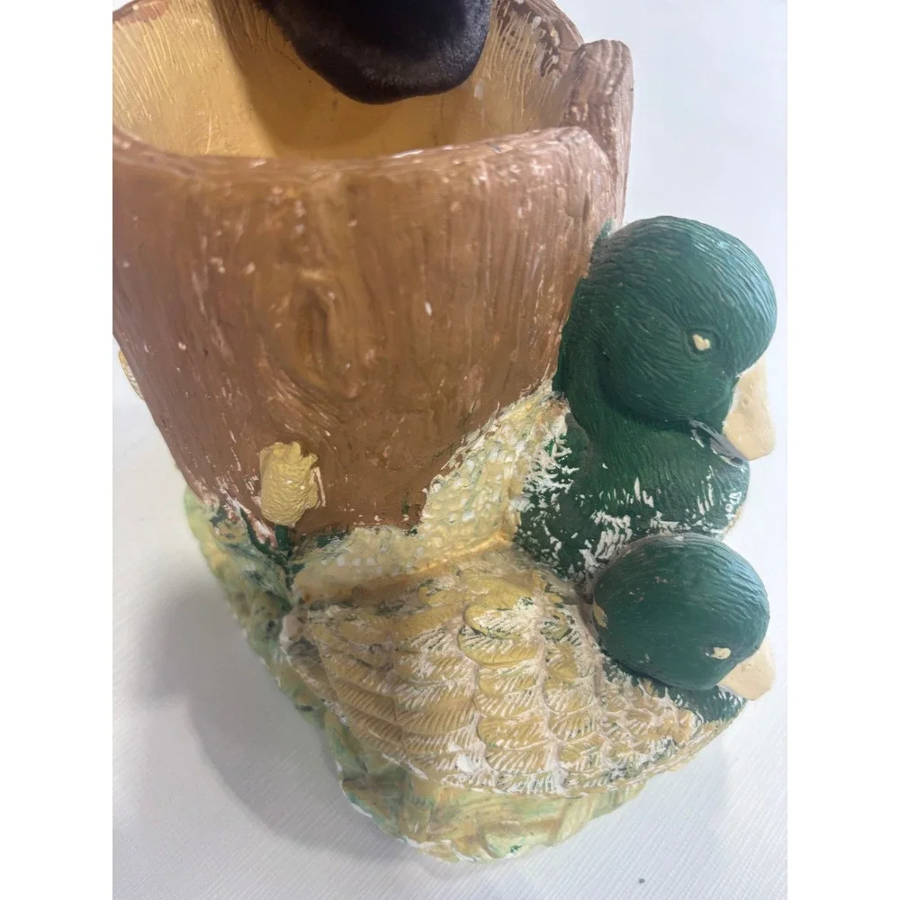 Mallard‎ Duck Tree Stump Planter Pencil Holder Rustic Cabin Decor 7 Inch